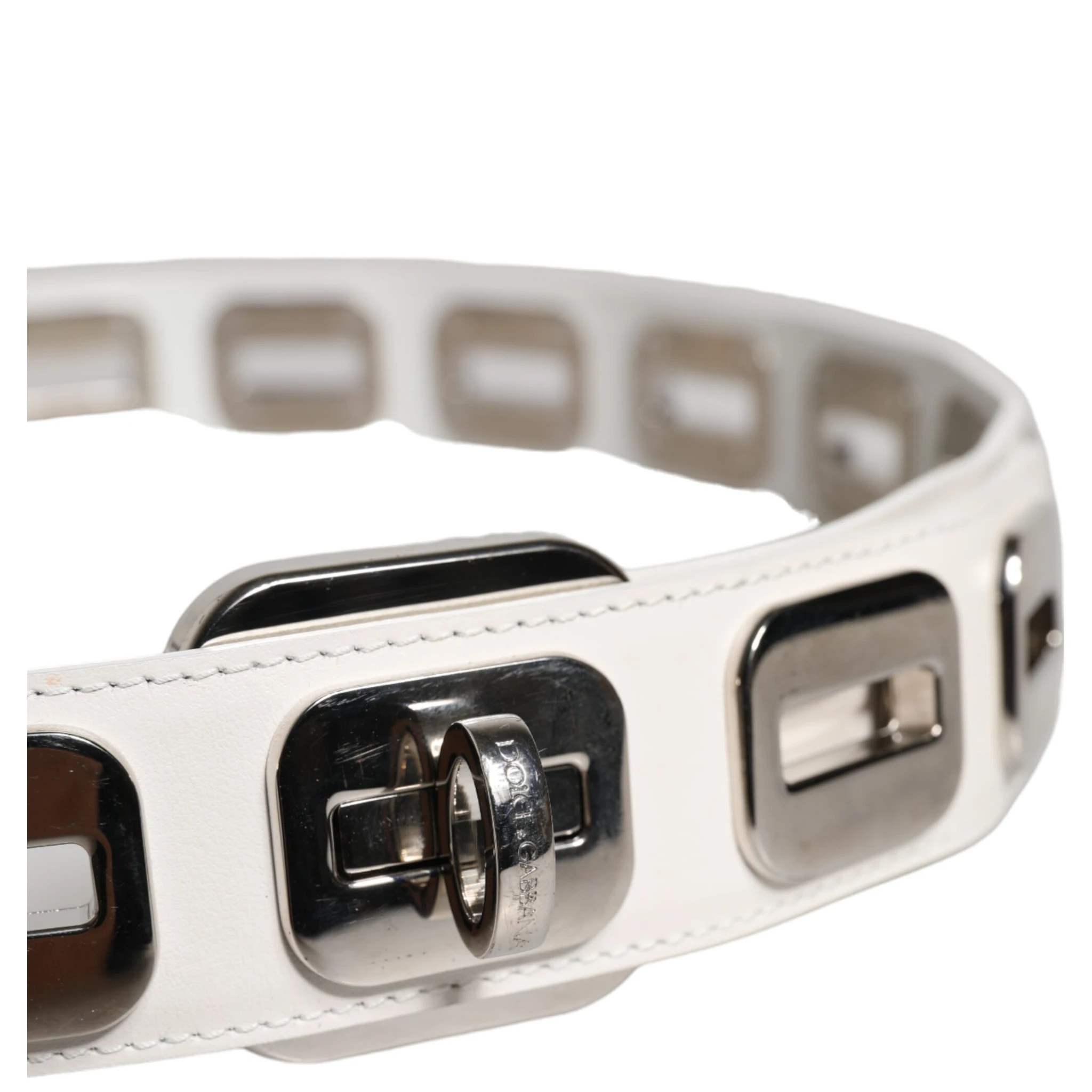 White Leather Gold Tone Rotating Buckle Belt