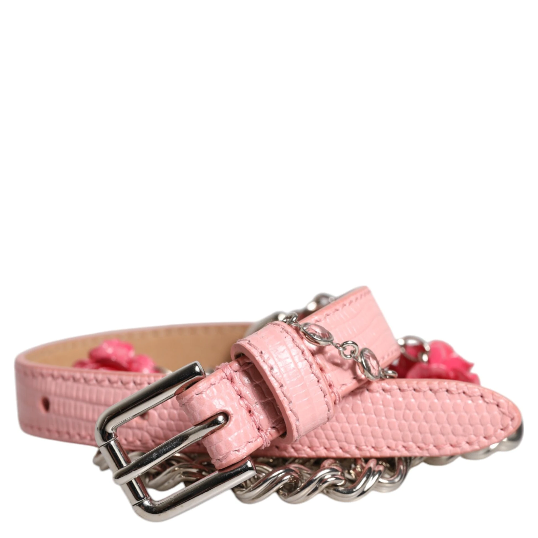 Pink Embelished Roses Textured Leather Belt