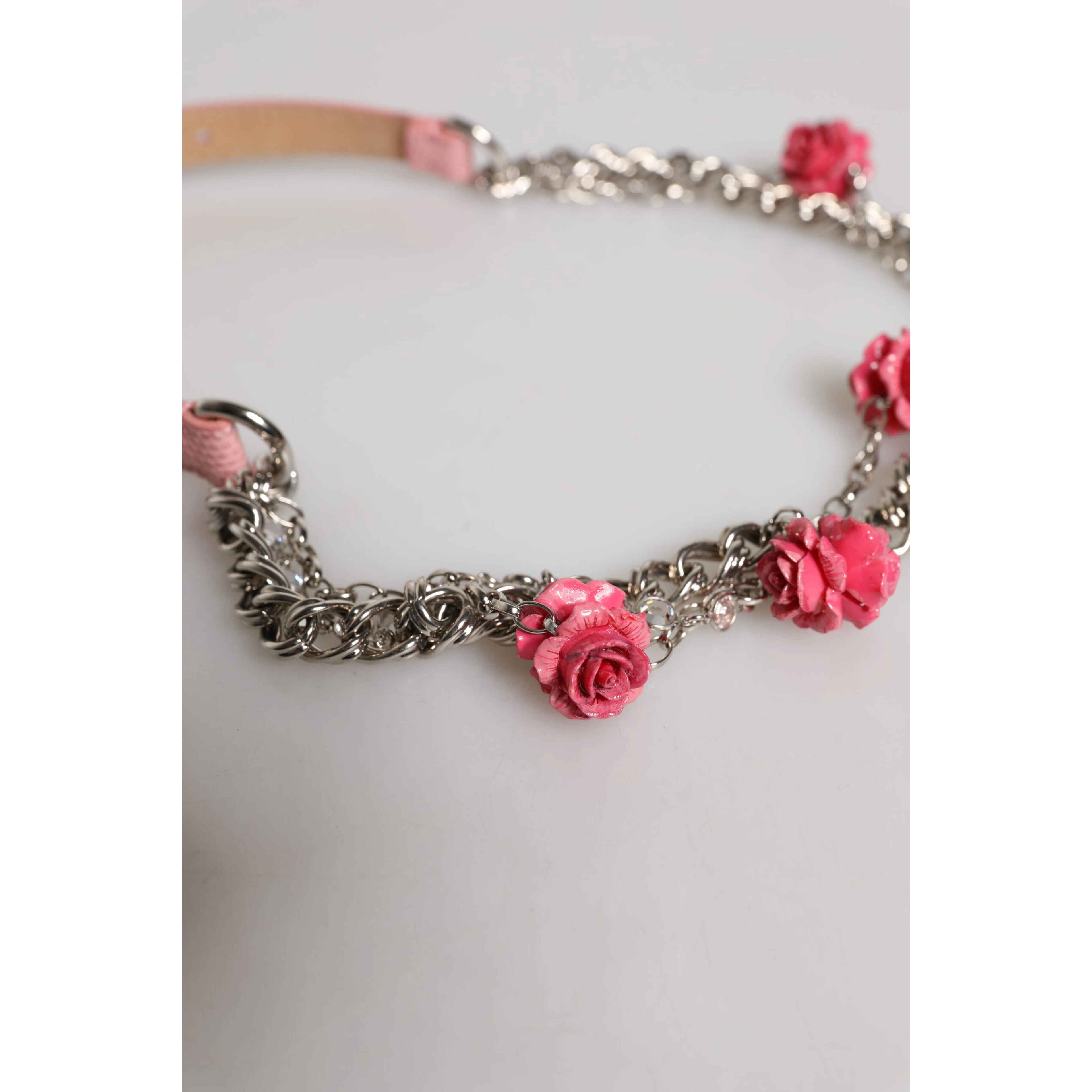 Pink Embelished Roses Textured Leather Belt