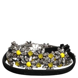 Black Leather Daisy Crystal Embellish Waist Belt