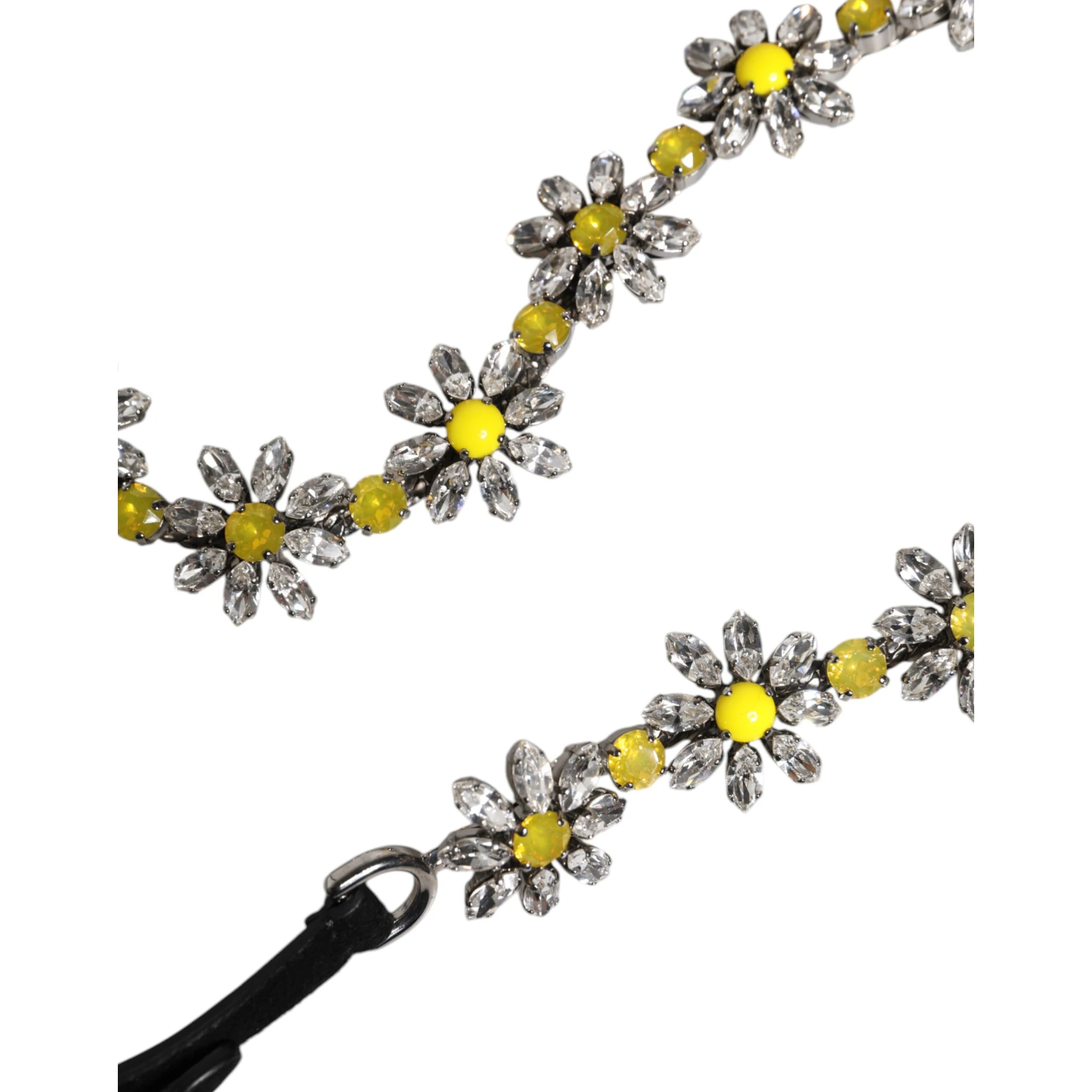 Black Leather Daisy Crystal Embellish Waist Belt