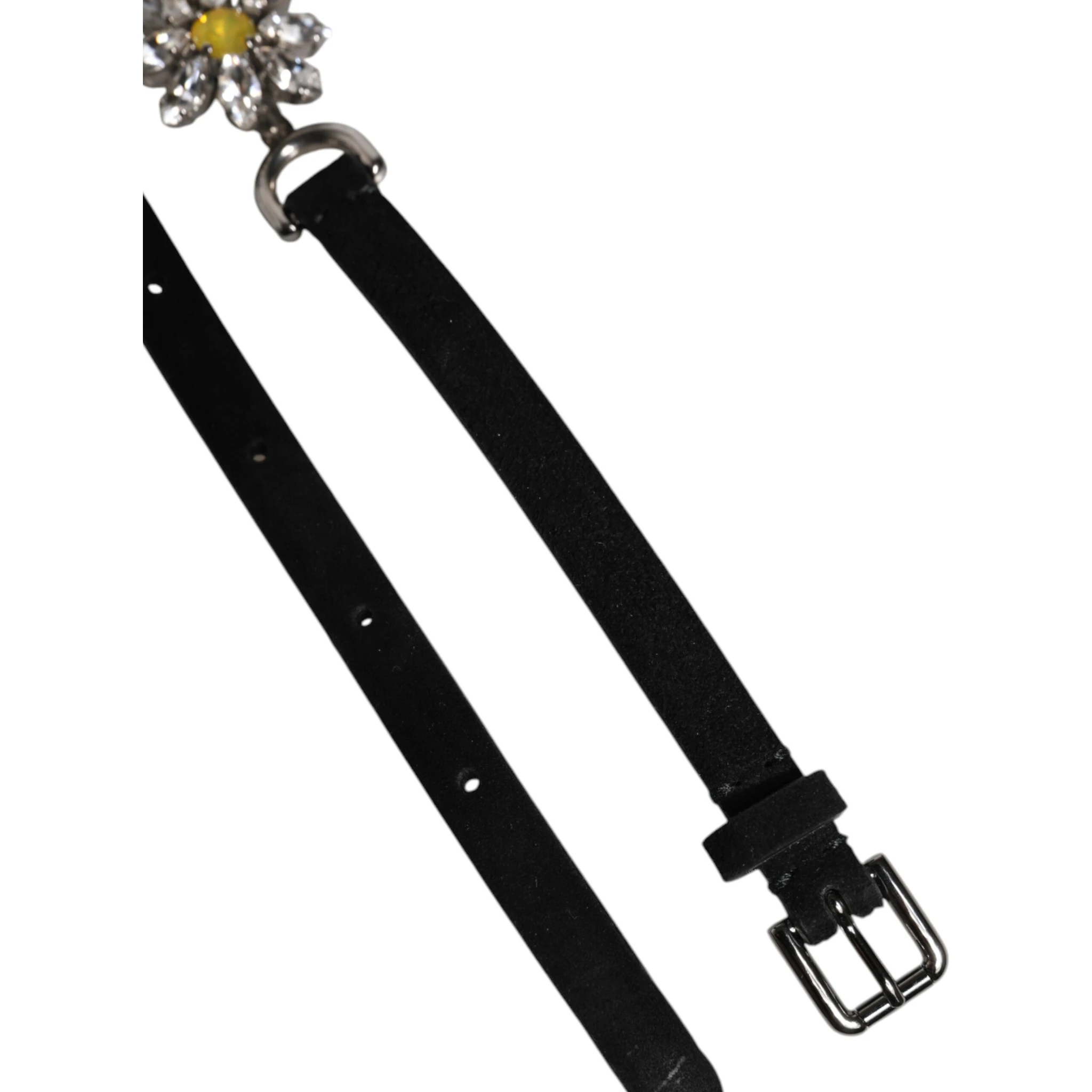 Black Leather Daisy Crystal Embellish Waist Belt