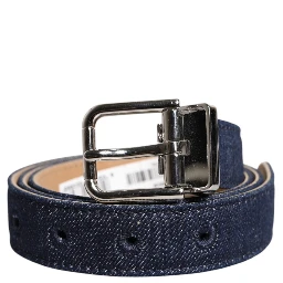 Blue Denim Silver Logo Metal Waist Buckle Belt