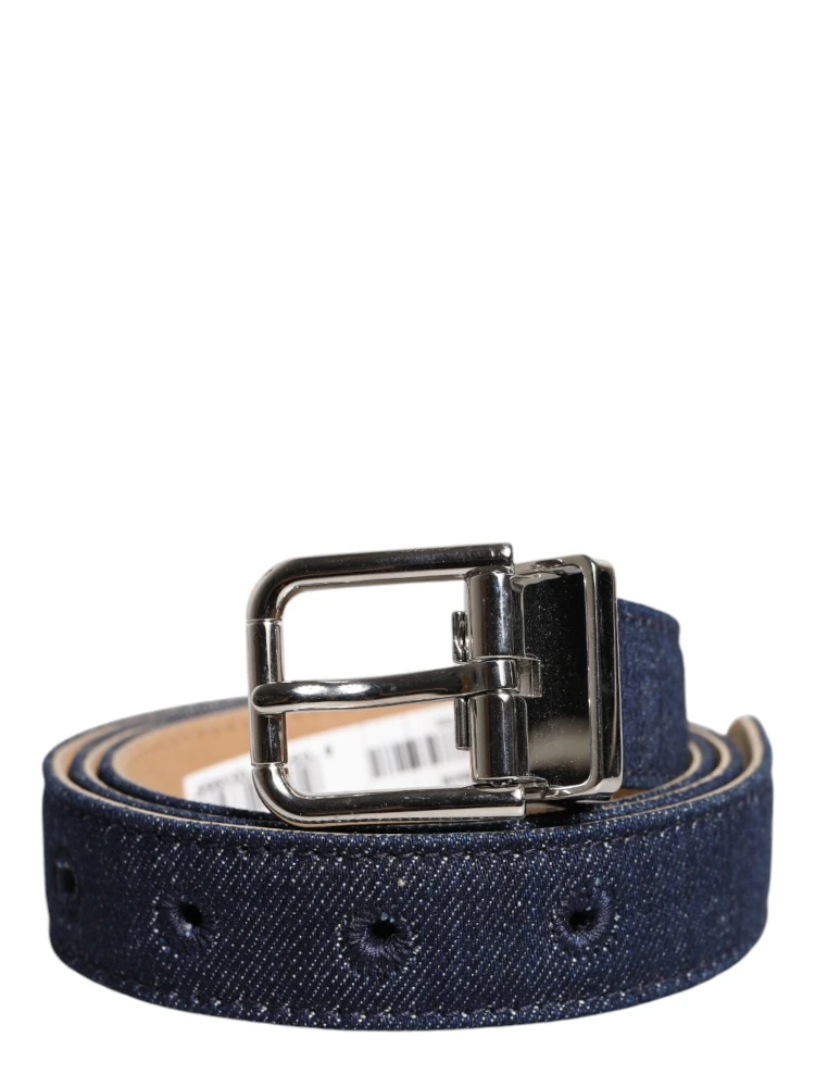 Blue Denim Silver Logo Metal Waist Buckle Belt alternative