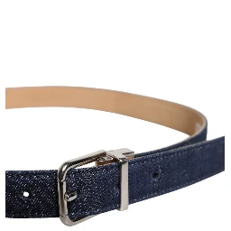 Blue Denim Silver Logo Metal Waist Buckle Belt