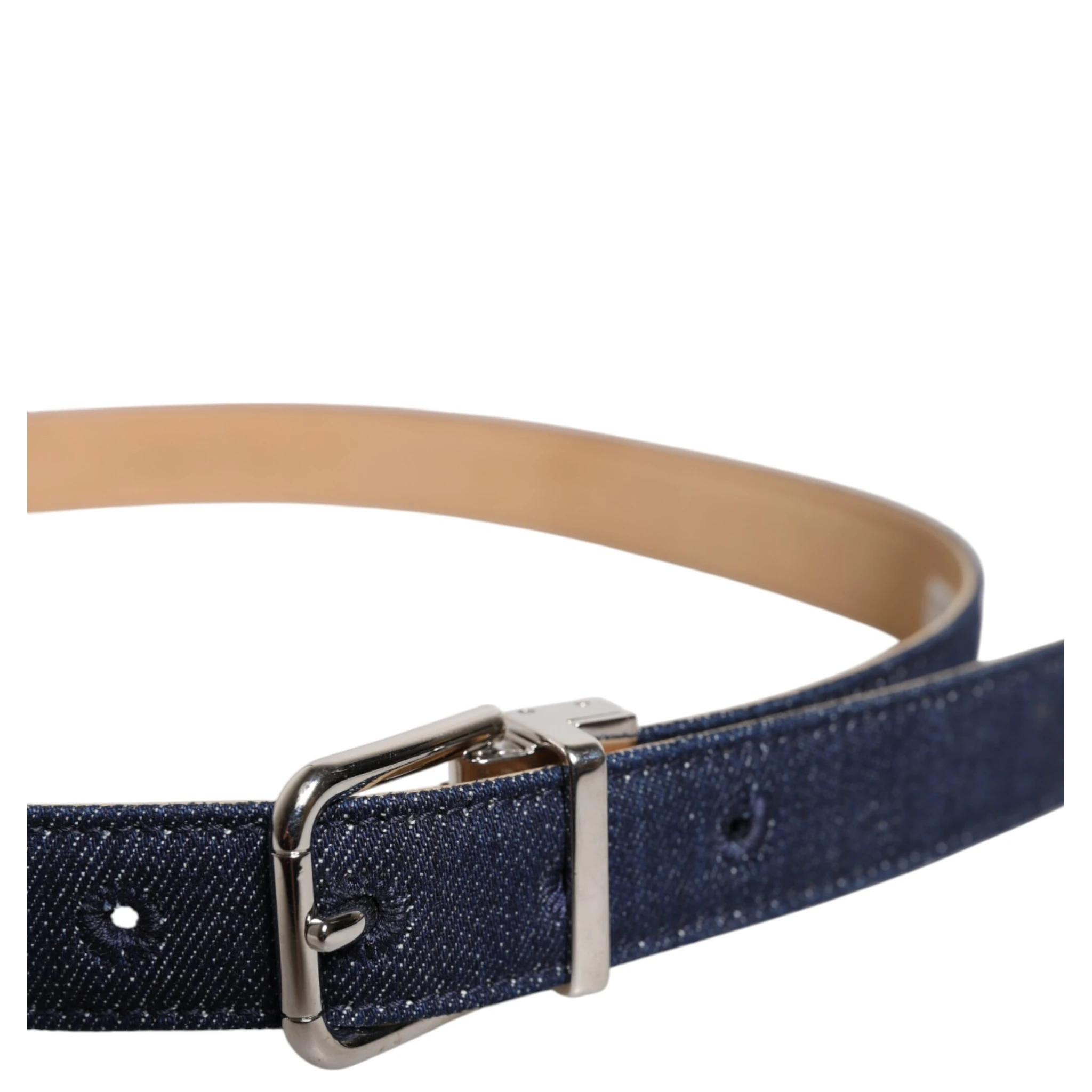 Blue Denim Silver Logo Metal Waist Buckle Belt