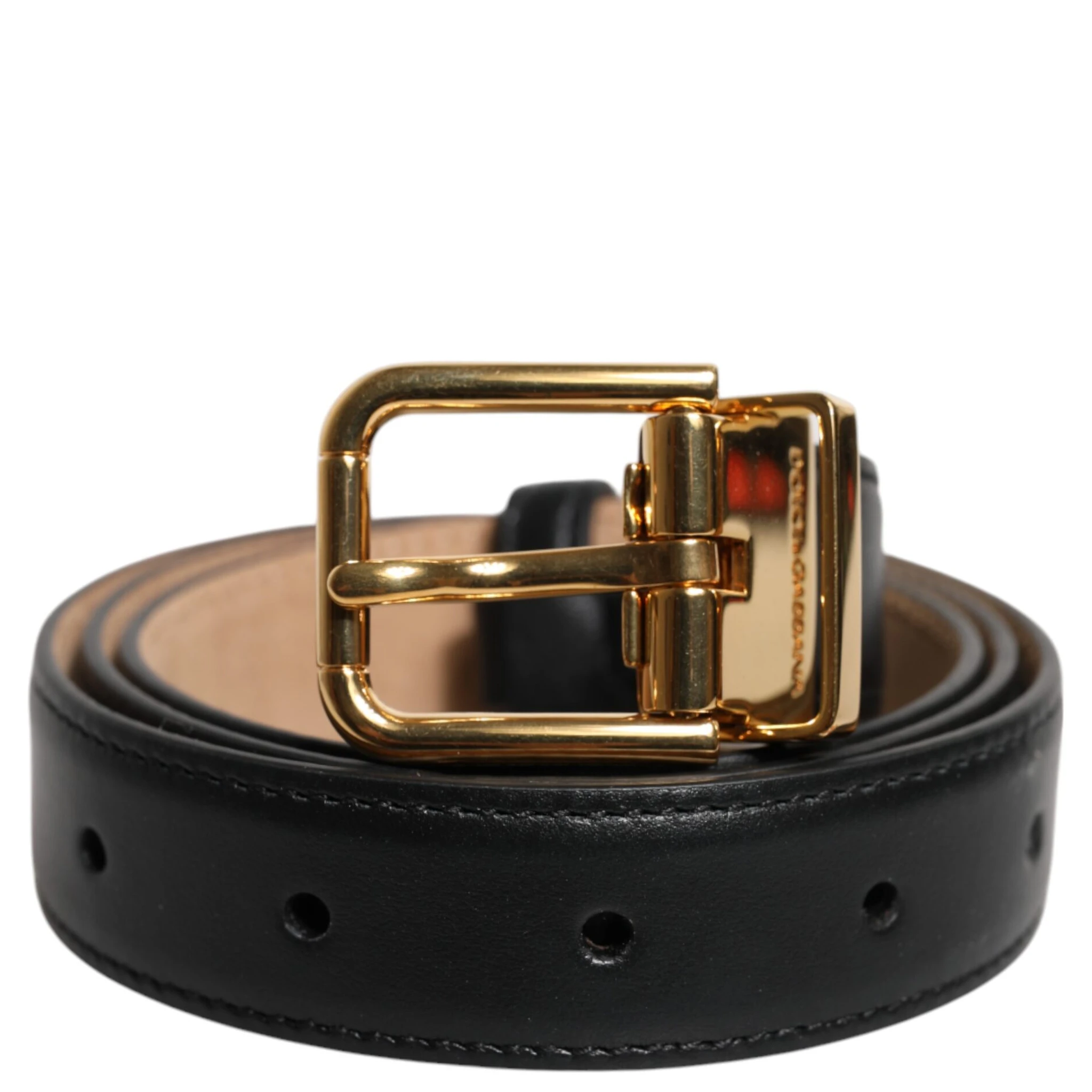 Black Leather Logo Metal Waist Buckle Belt