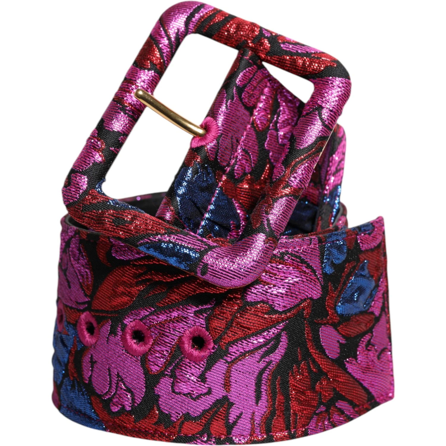 Multicolor Floral Jacquard Lurex Wide Waist Buckle Belt