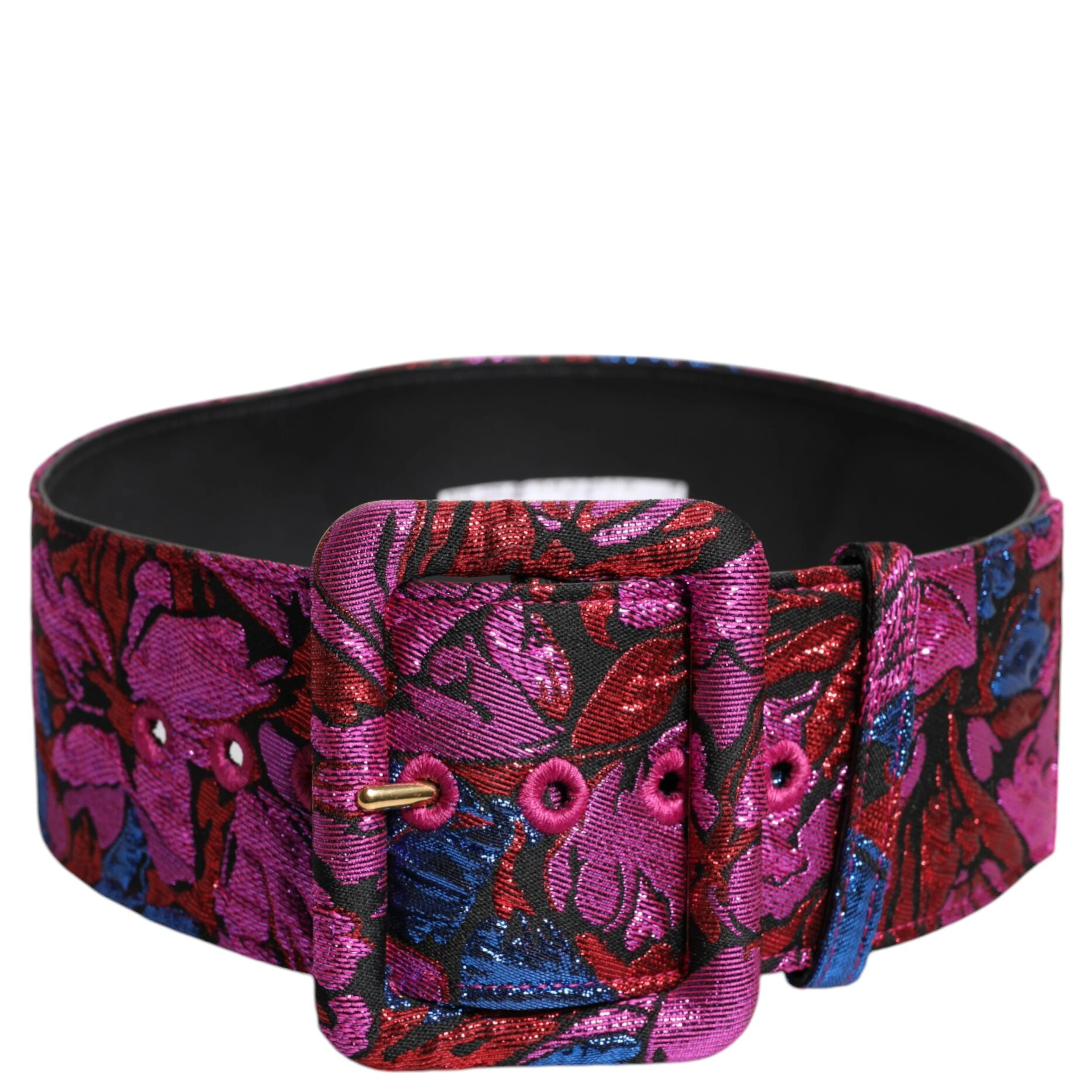 Multicolor Floral Jacquard Lurex Wide Waist Buckle Belt
