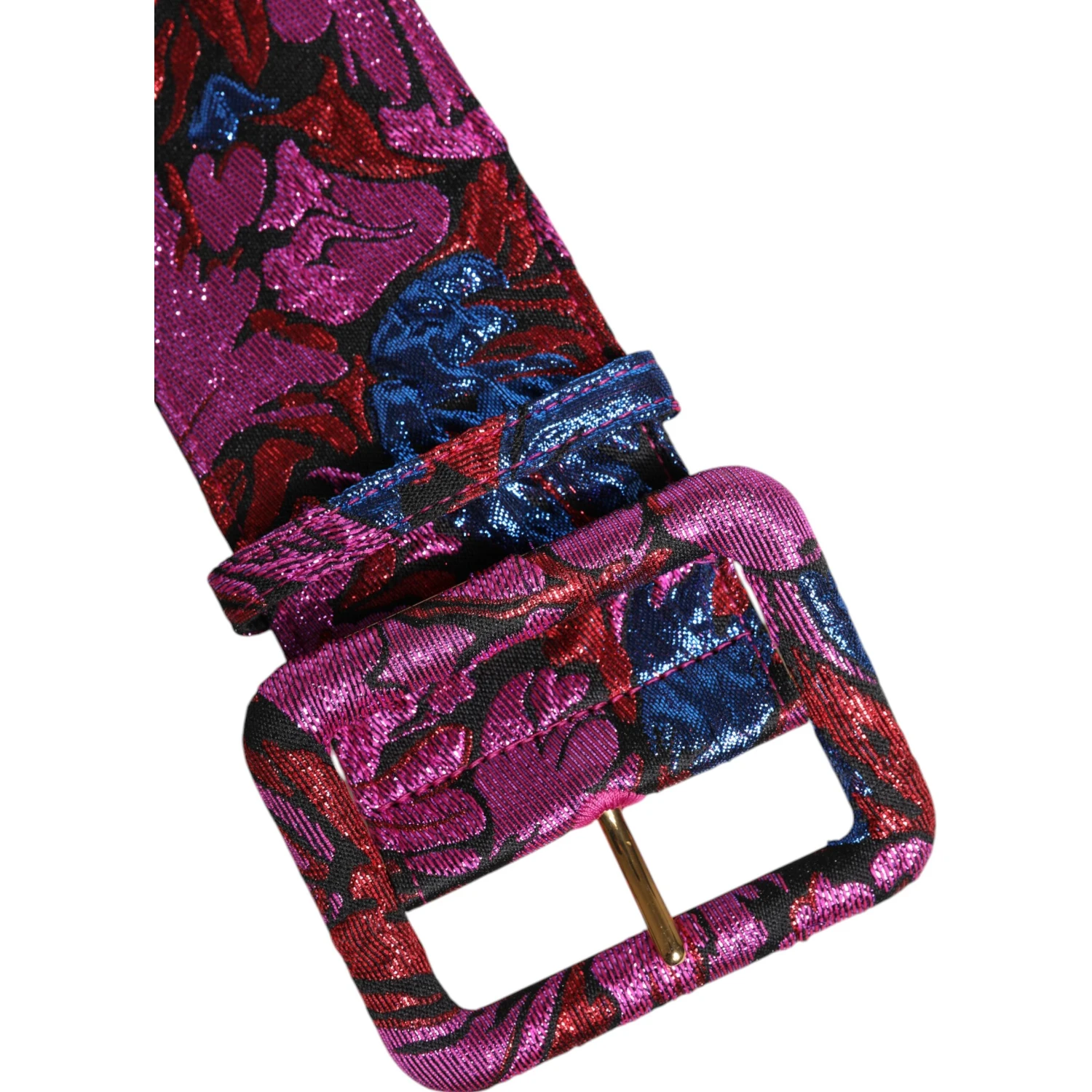 Multicolor Floral Jacquard Lurex Wide Waist Buckle Belt
