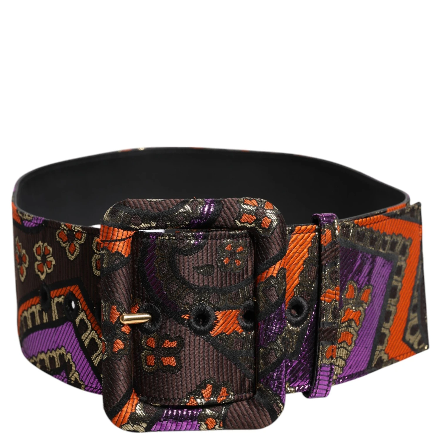 Multicolor Floral Jacquard Lurex Wide Waist Buckle Belt
