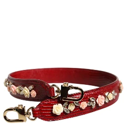 Red Leather Floral Embellish Bag Shoulder Strap
