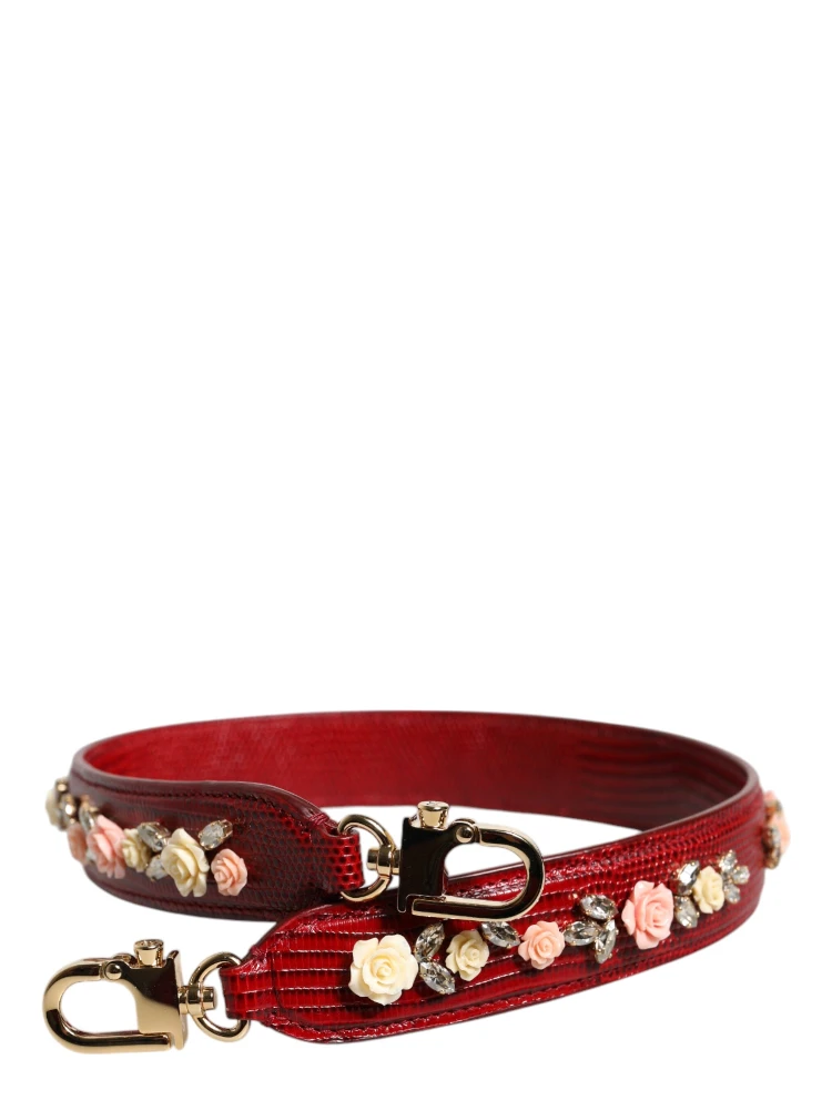 Red Leather Floral Embellish Bag Shoulder Strap