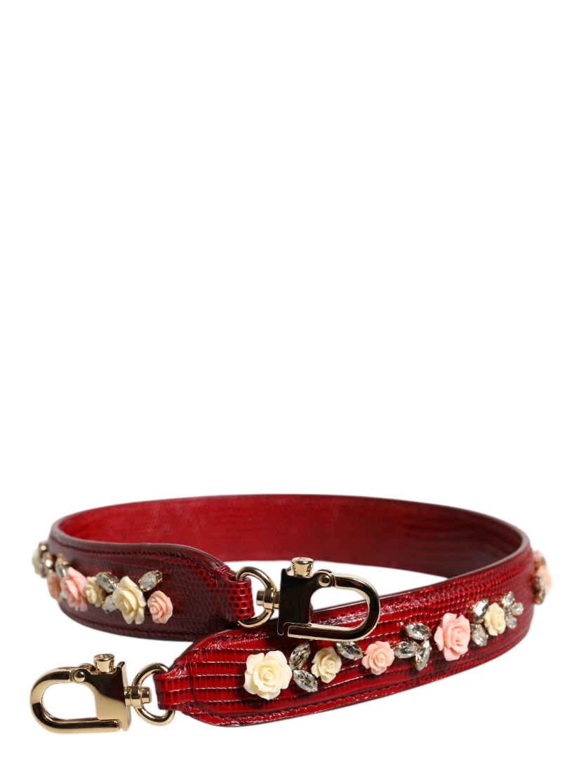Red Leather Floral Embellish Bag Shoulder Strap