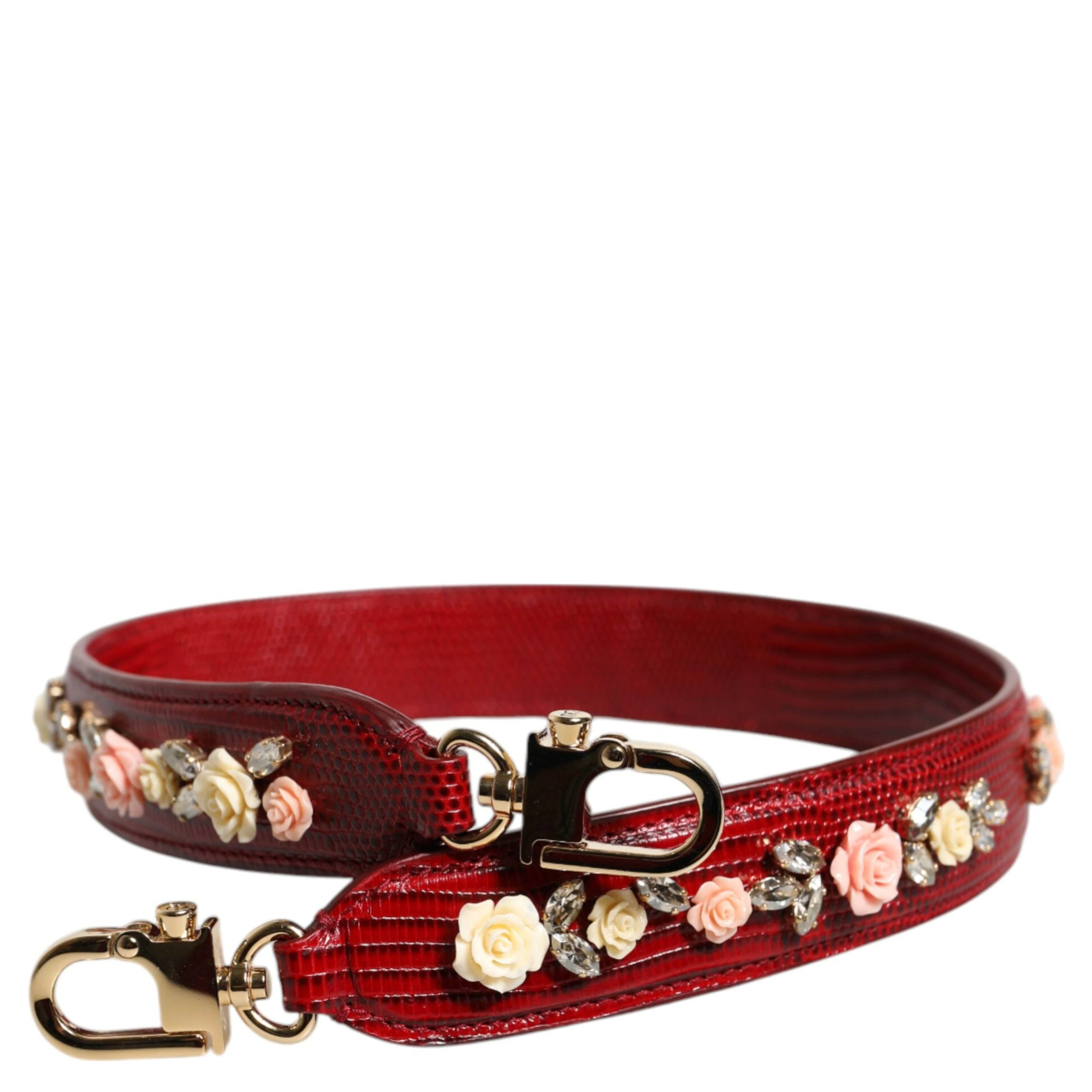 Red Leather Floral Embellish Bag Shoulder Strap