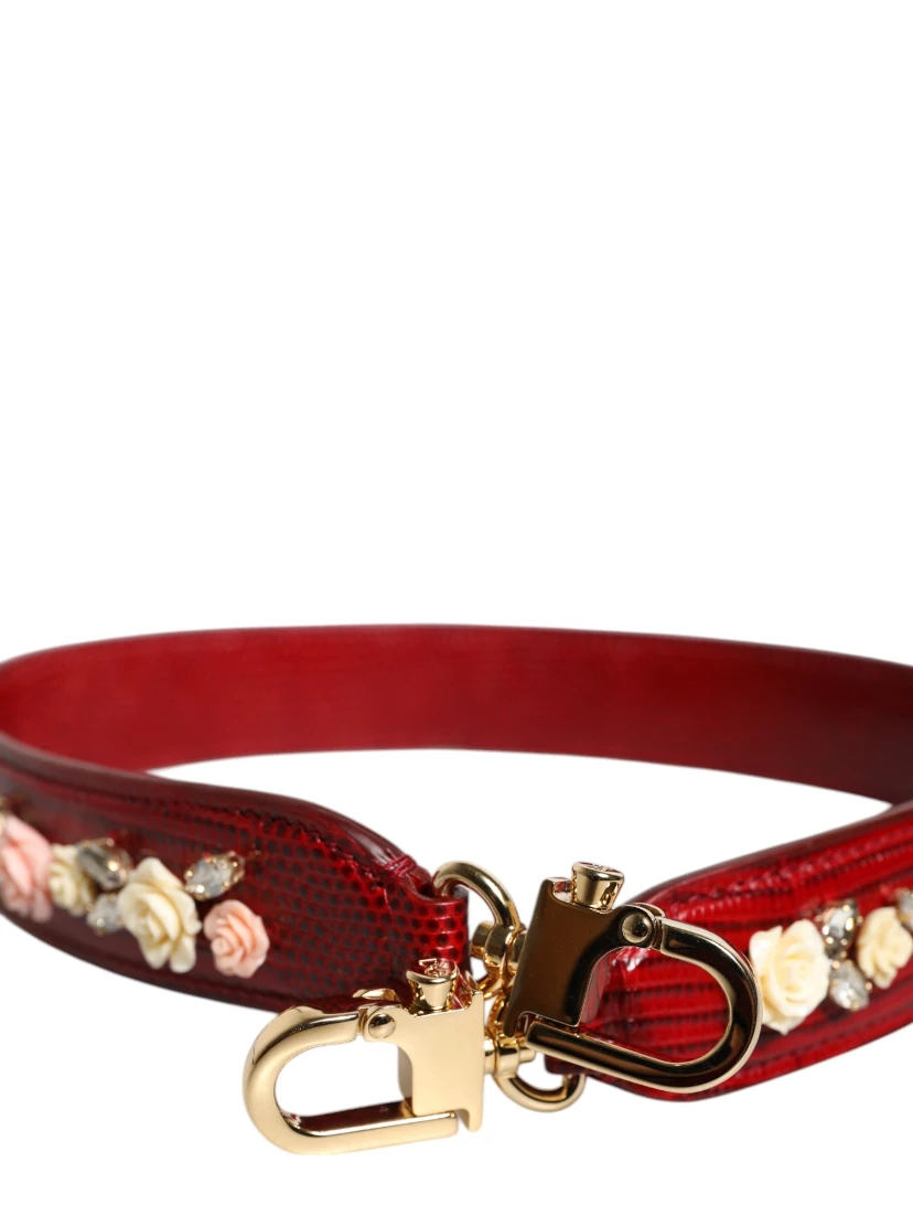 Red Leather Floral Embellish Bag Shoulder Strap