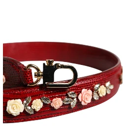 Red Leather Floral Embellish Bag Shoulder Strap