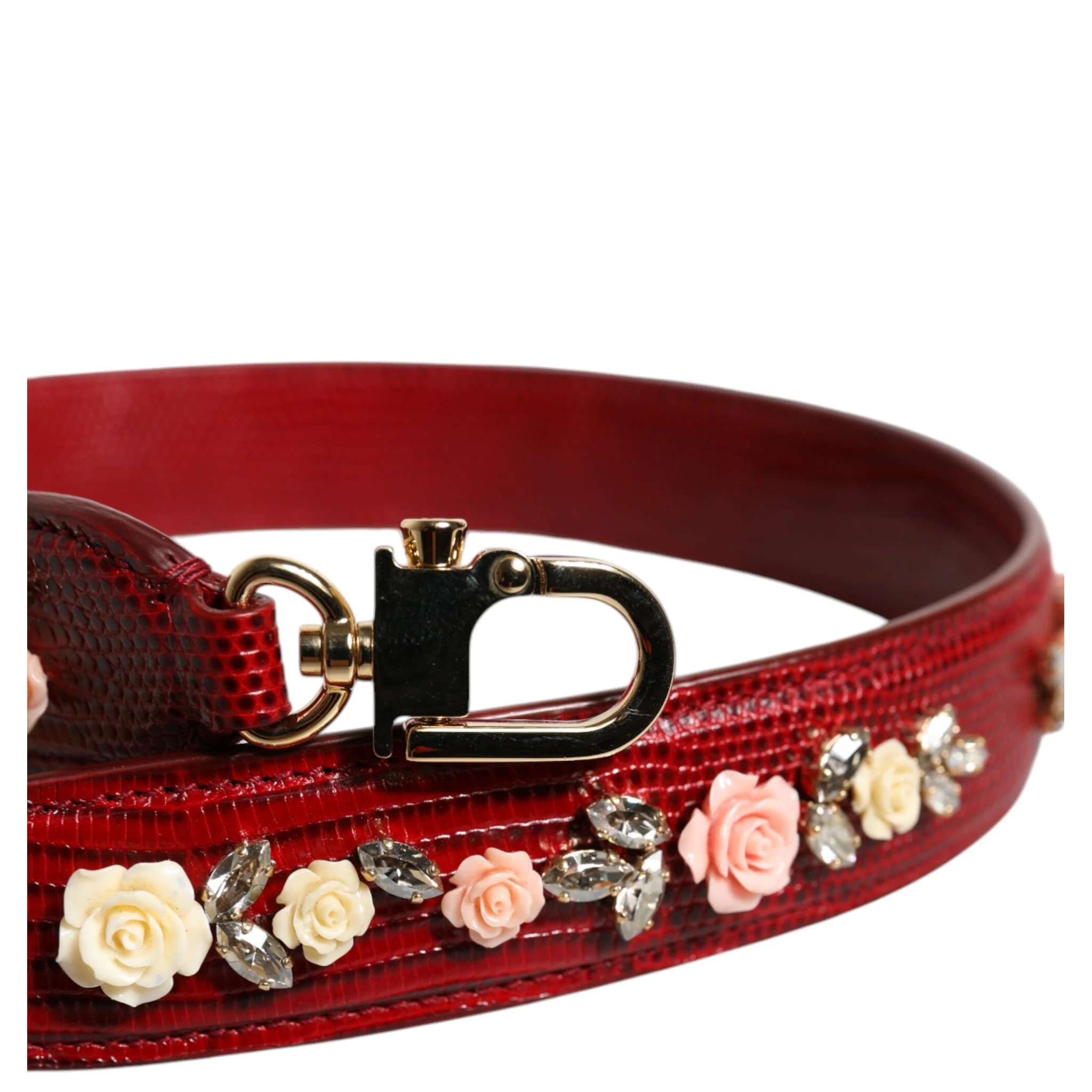 Red Leather Floral Embellish Bag Shoulder Strap