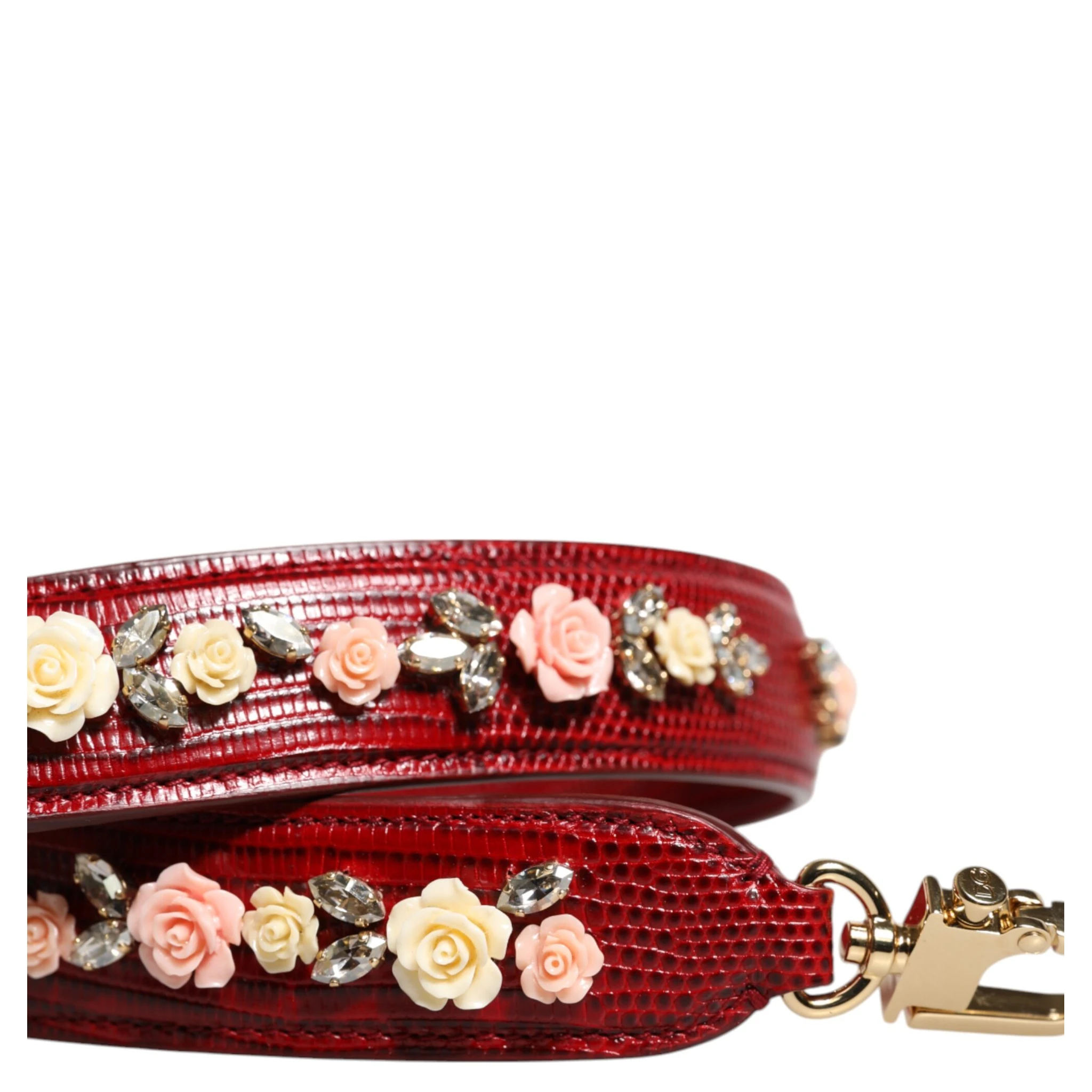 Red Leather Floral Embellish Bag Shoulder Strap