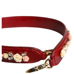 Red Leather Floral Embellish Bag Shoulder Strap