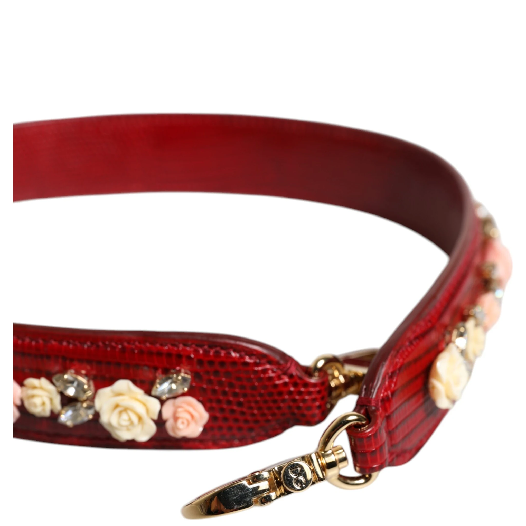 Red Leather Floral Embellish Bag Shoulder Strap