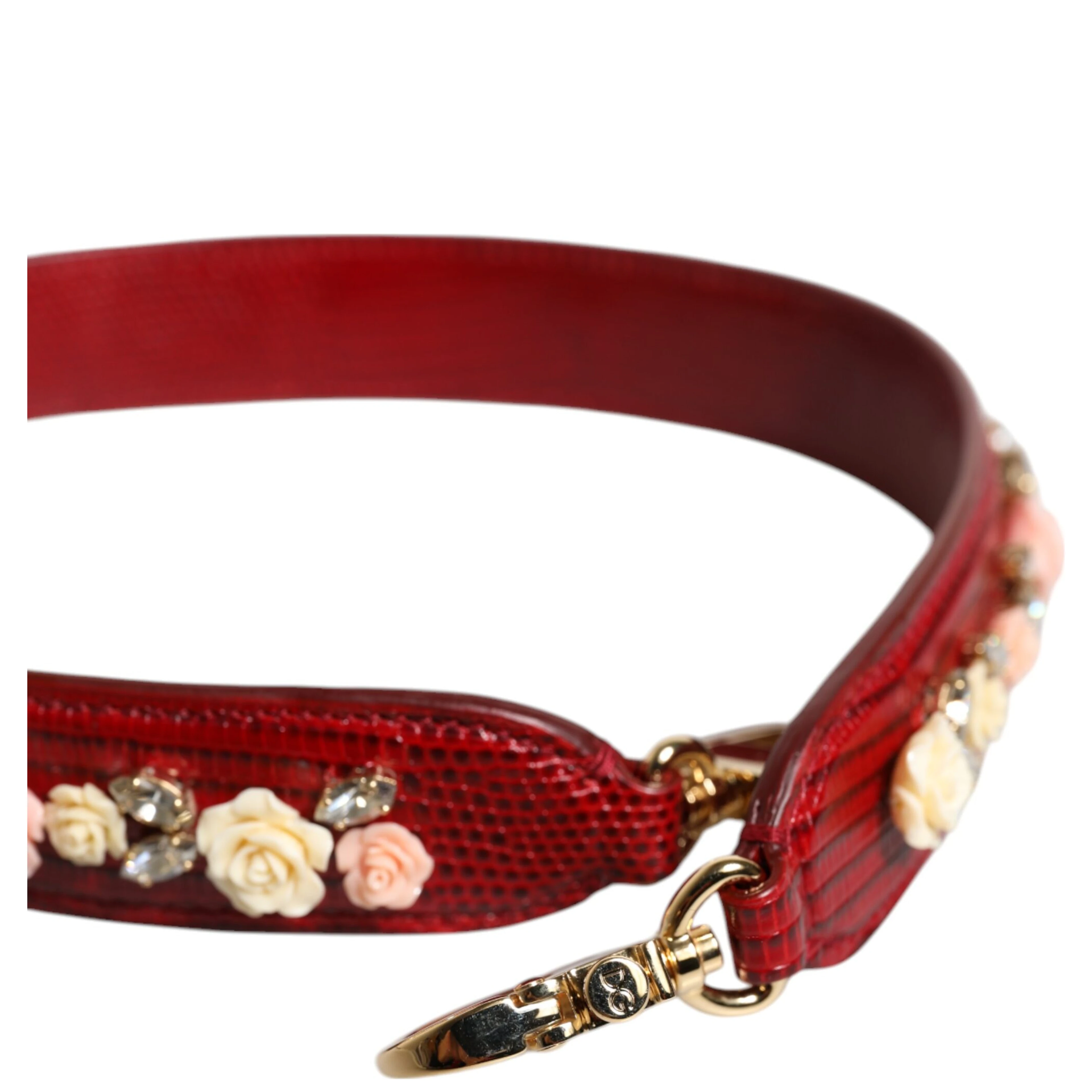 Red Leather Floral Embellish Bag Shoulder Strap