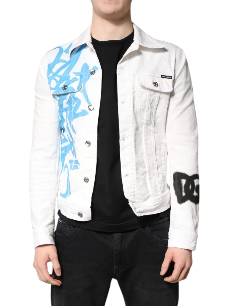 White Graffiti Cotton Stretch Denim Jacket