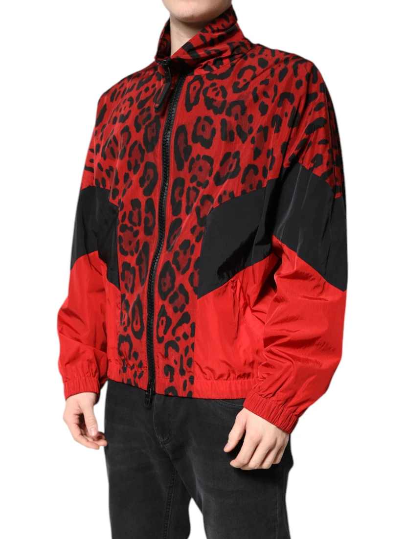 Red Leopard Nylon Bomber Full Zip Jacket