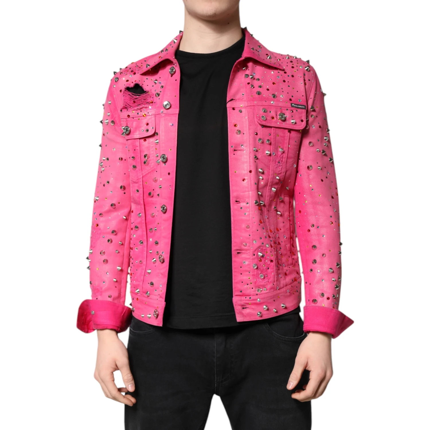 Pink Crystal Embellished Cotton Denim Jacket