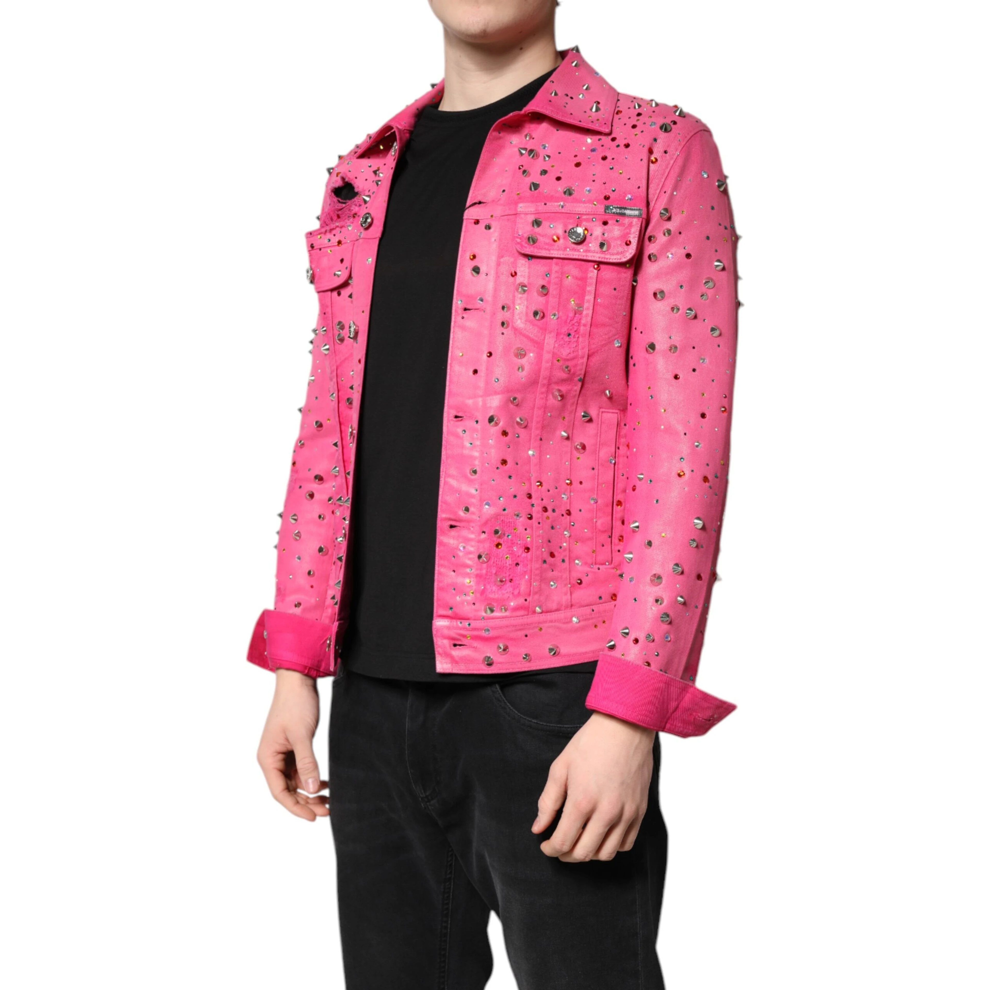 Pink Crystal Embellished Cotton Denim Jacket