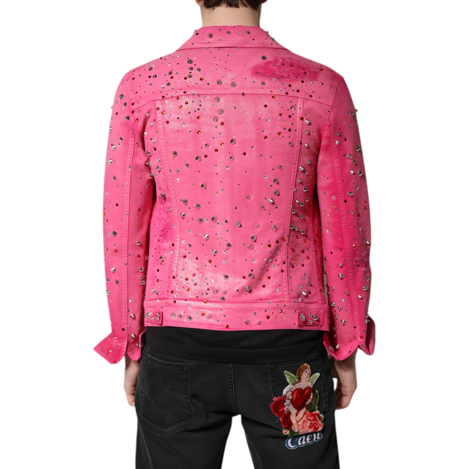Pink Crystal Embellished Cotton Denim Jacket