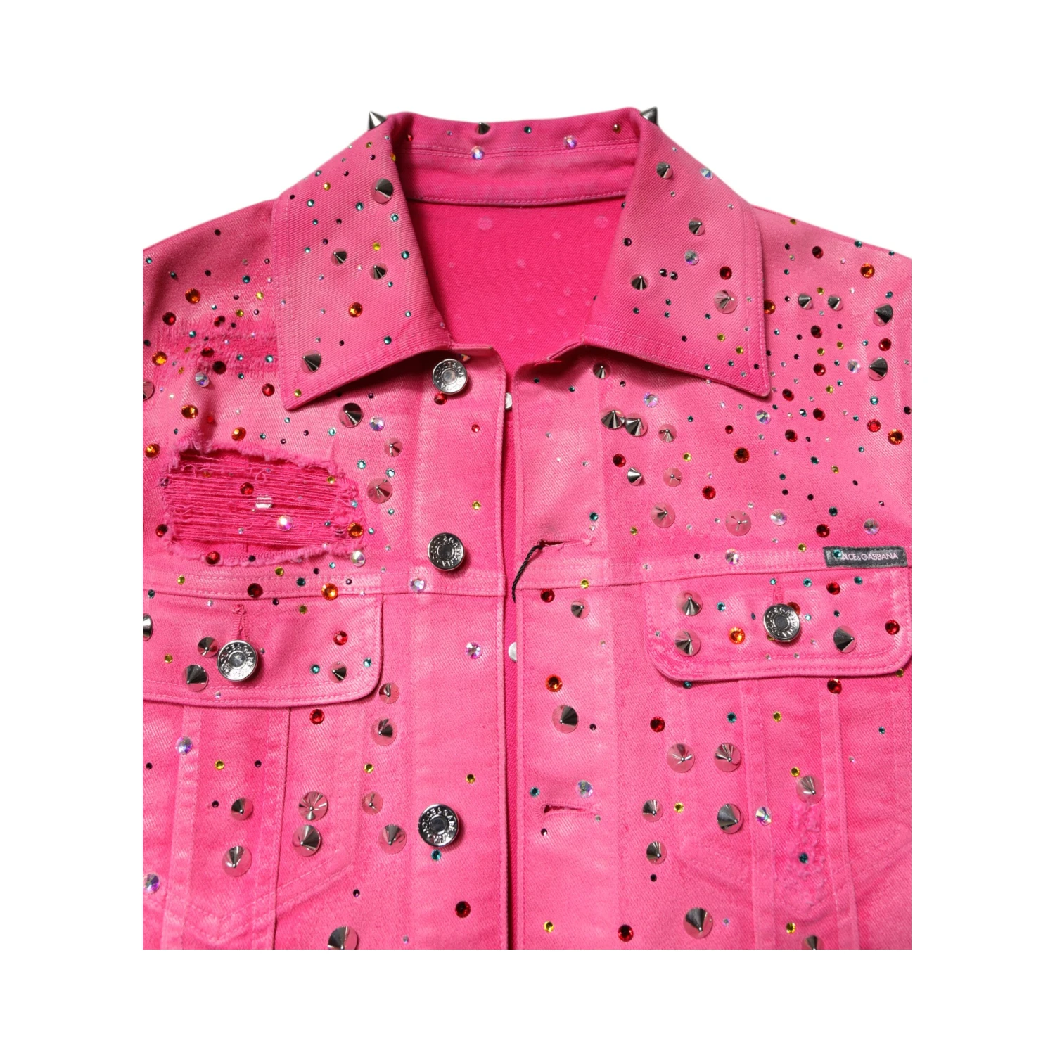 Pink Crystal Embellished Cotton Denim Jacket