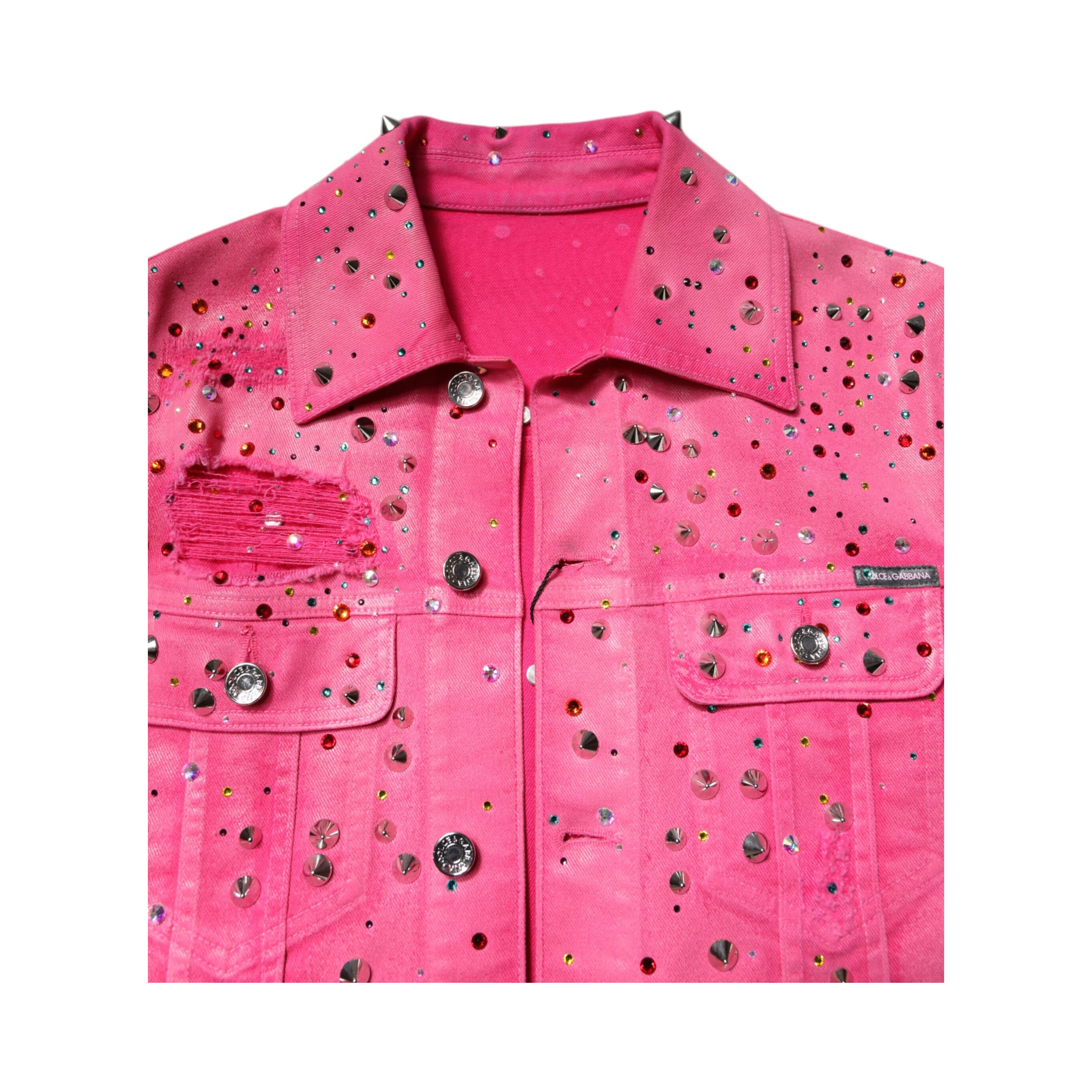 Pink Crystal Embellished Cotton Denim Jacket
