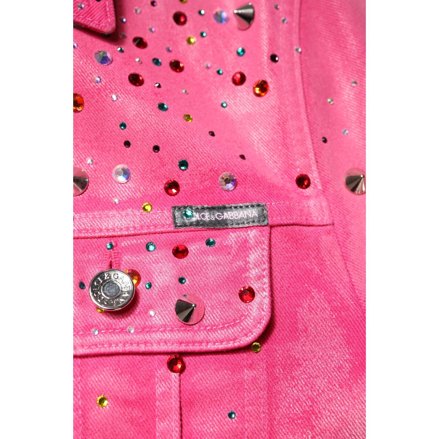 Pink Crystal Embellished Cotton Denim Jacket