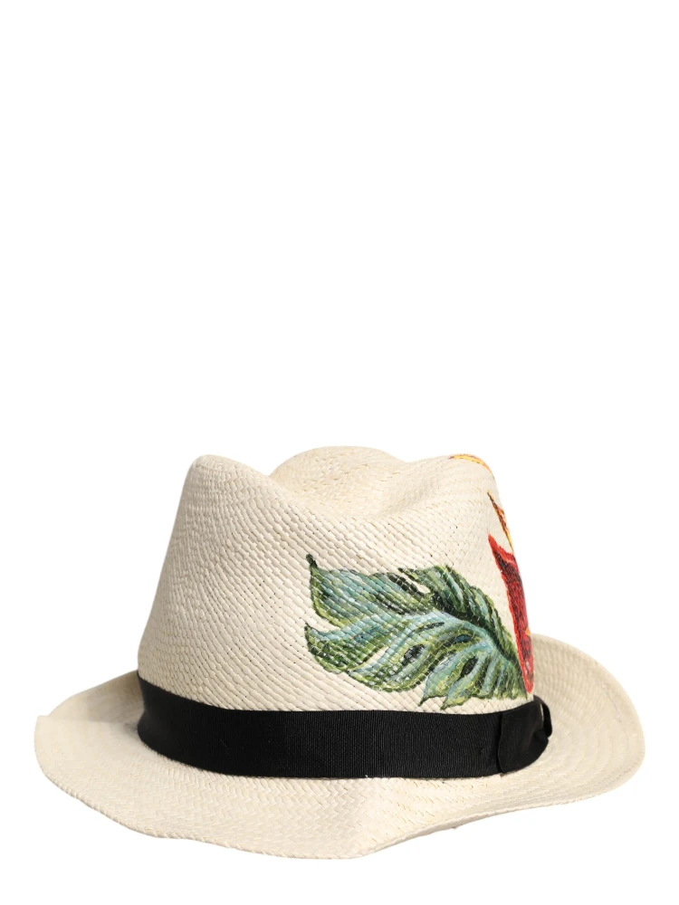 Beige Floral Print Straw Wide Brim Fedora Hat alternative
