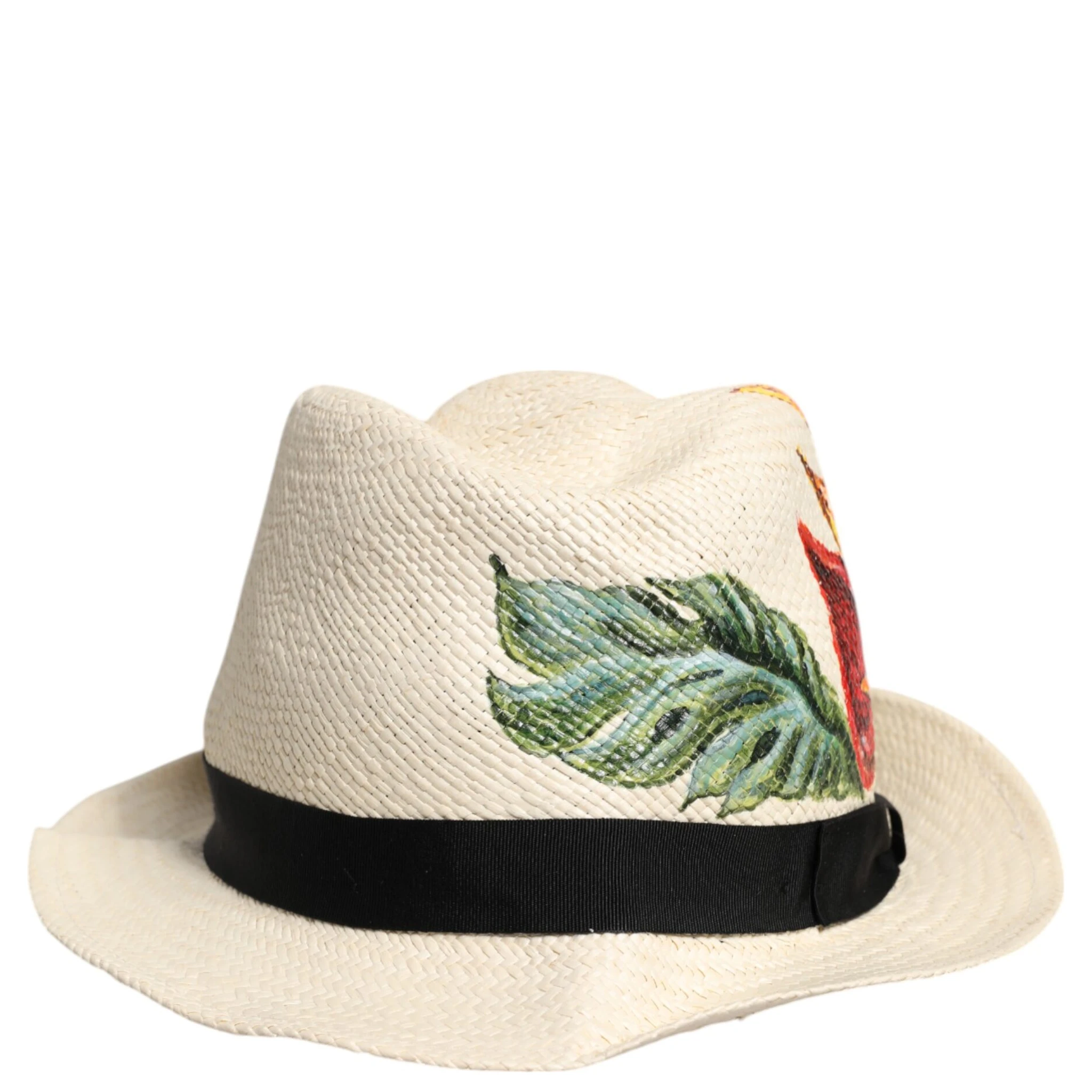 Beige Floral Print Straw Wide Brim Fedora Hat