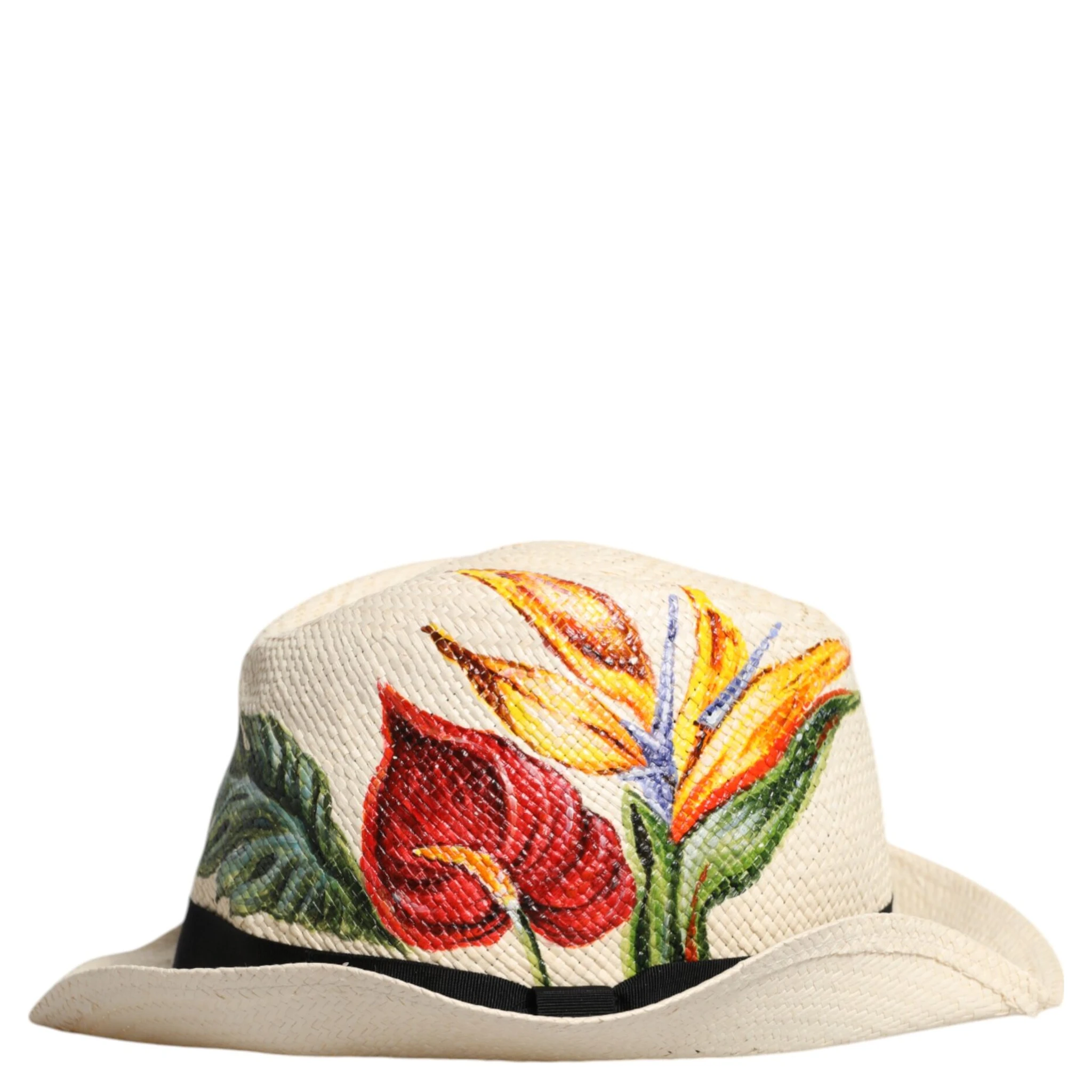Beige Floral Print Straw Wide Brim Fedora Hat