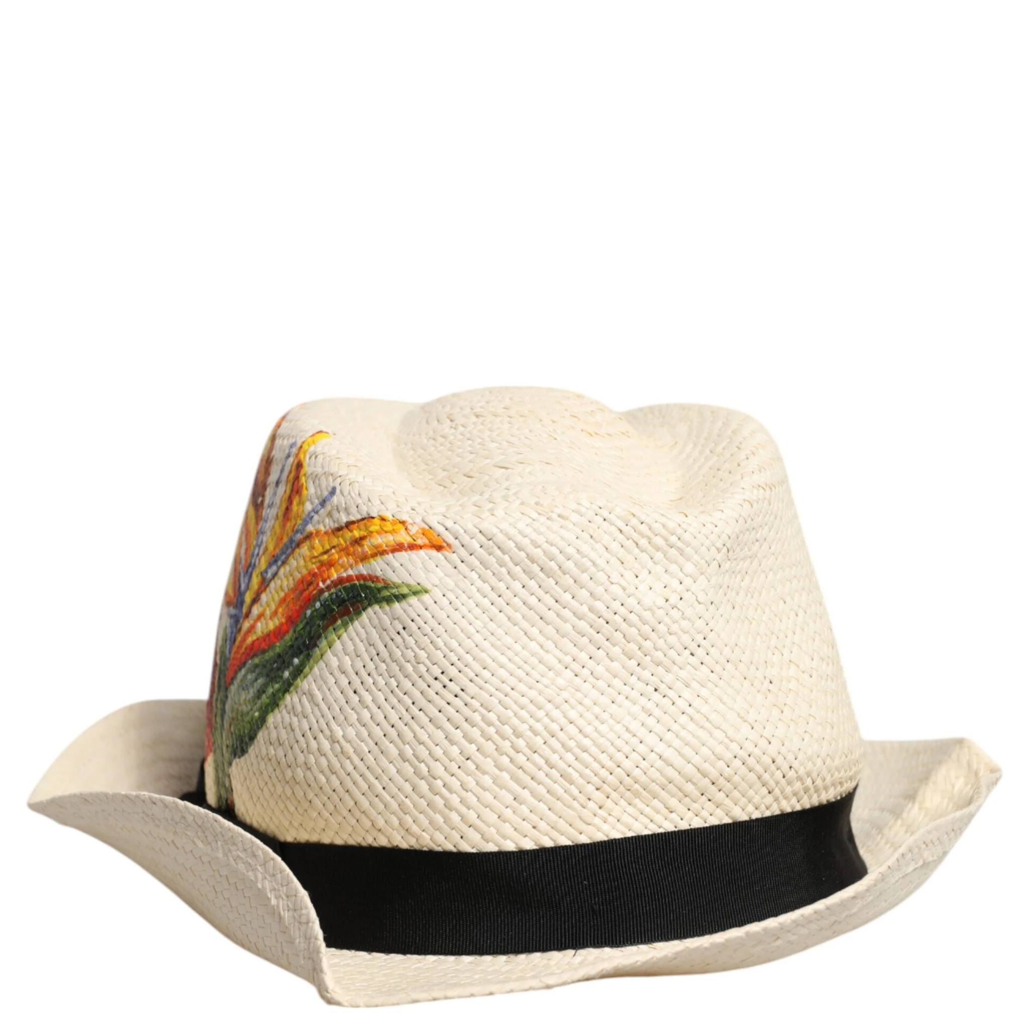 Beige Floral Print Straw Wide Brim Fedora Hat