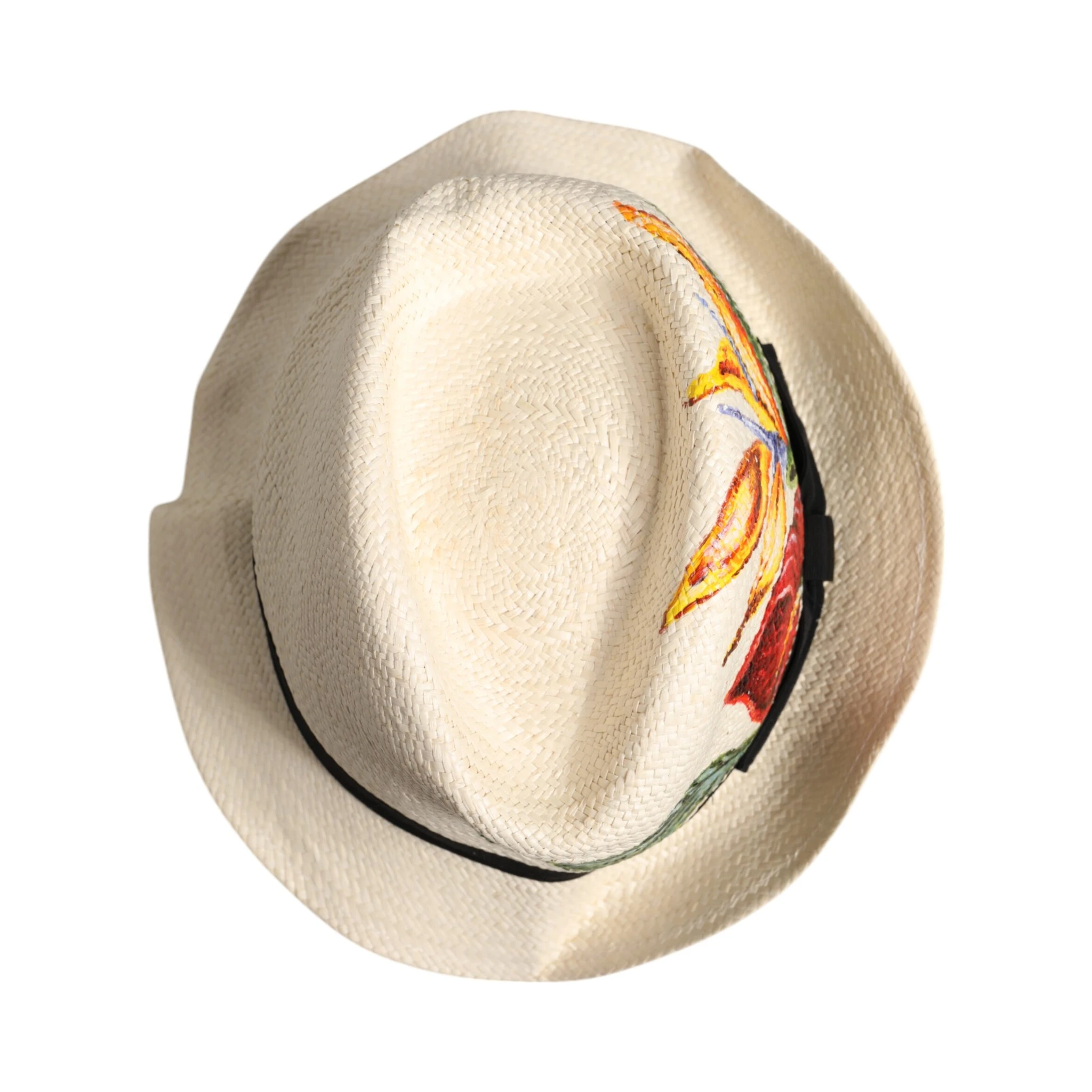 Beige Floral Print Straw Wide Brim Fedora Hat
