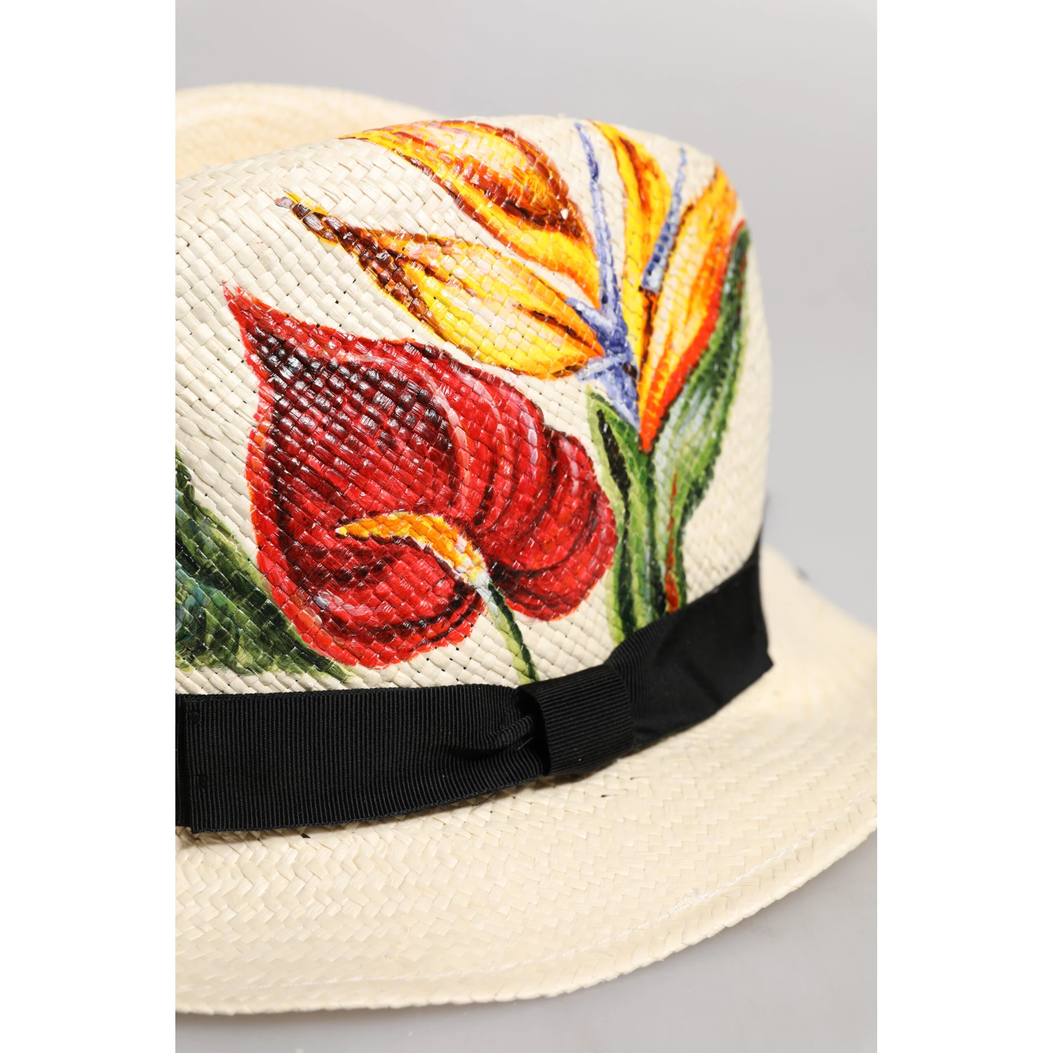 Beige Floral Print Straw Wide Brim Fedora Hat