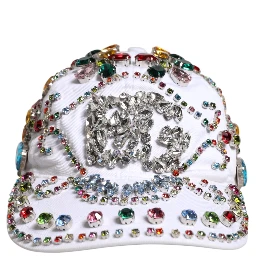 White Multicolor Crystal Embellish Baseball Cap