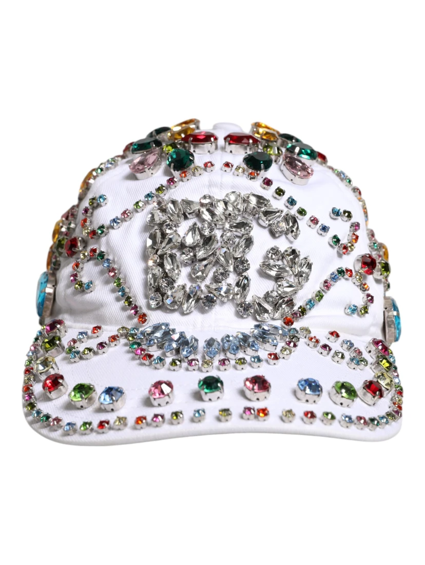 White Multicolor Crystal Embellish Baseball Cap