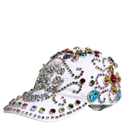 White Multicolor Crystal Embellish Baseball Cap