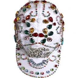 White Multicolor Crystal Embellish Baseball Cap