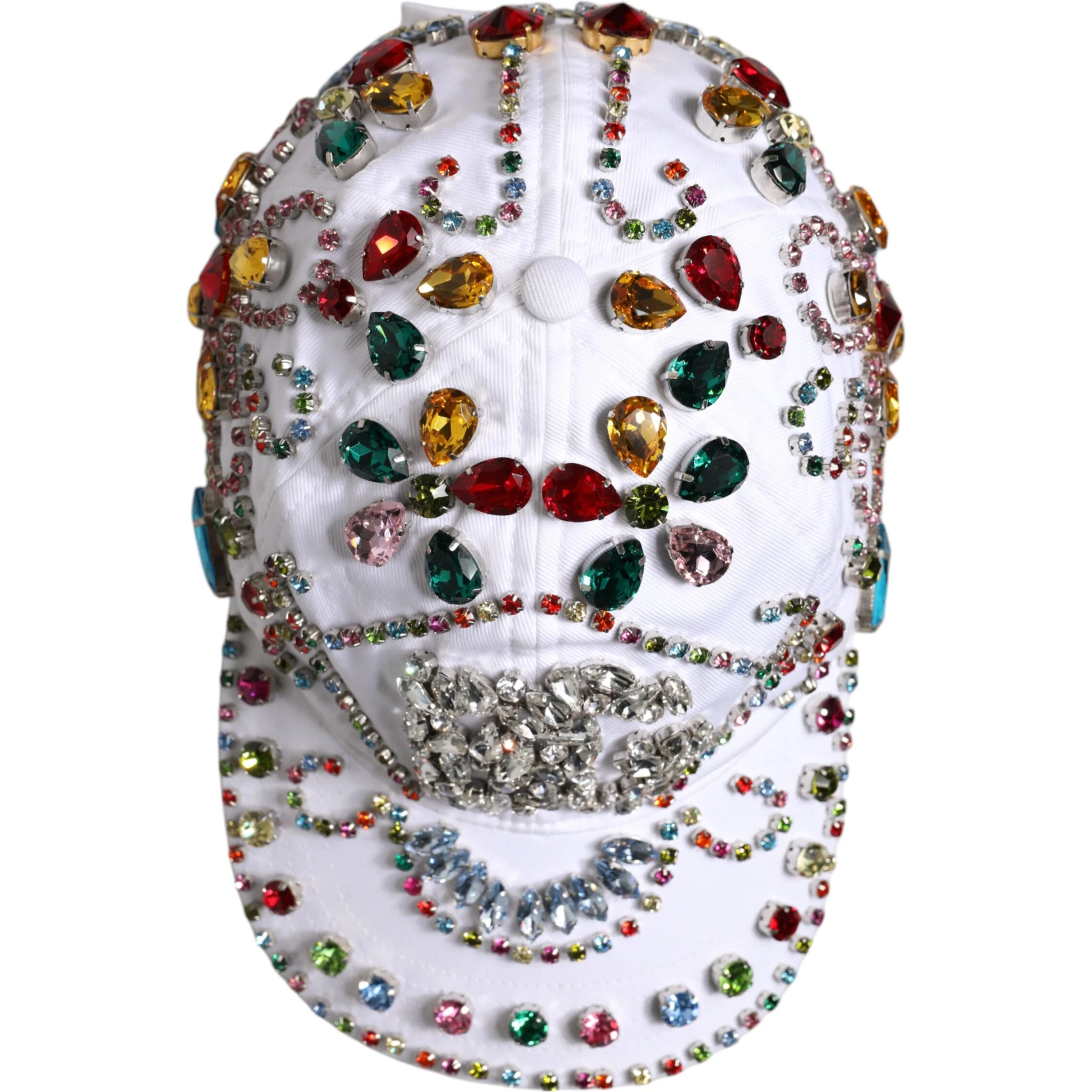 White Multicolor Crystal Embellish Baseball Cap