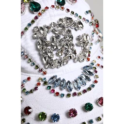 White Multicolor Crystal Embellish Baseball Cap