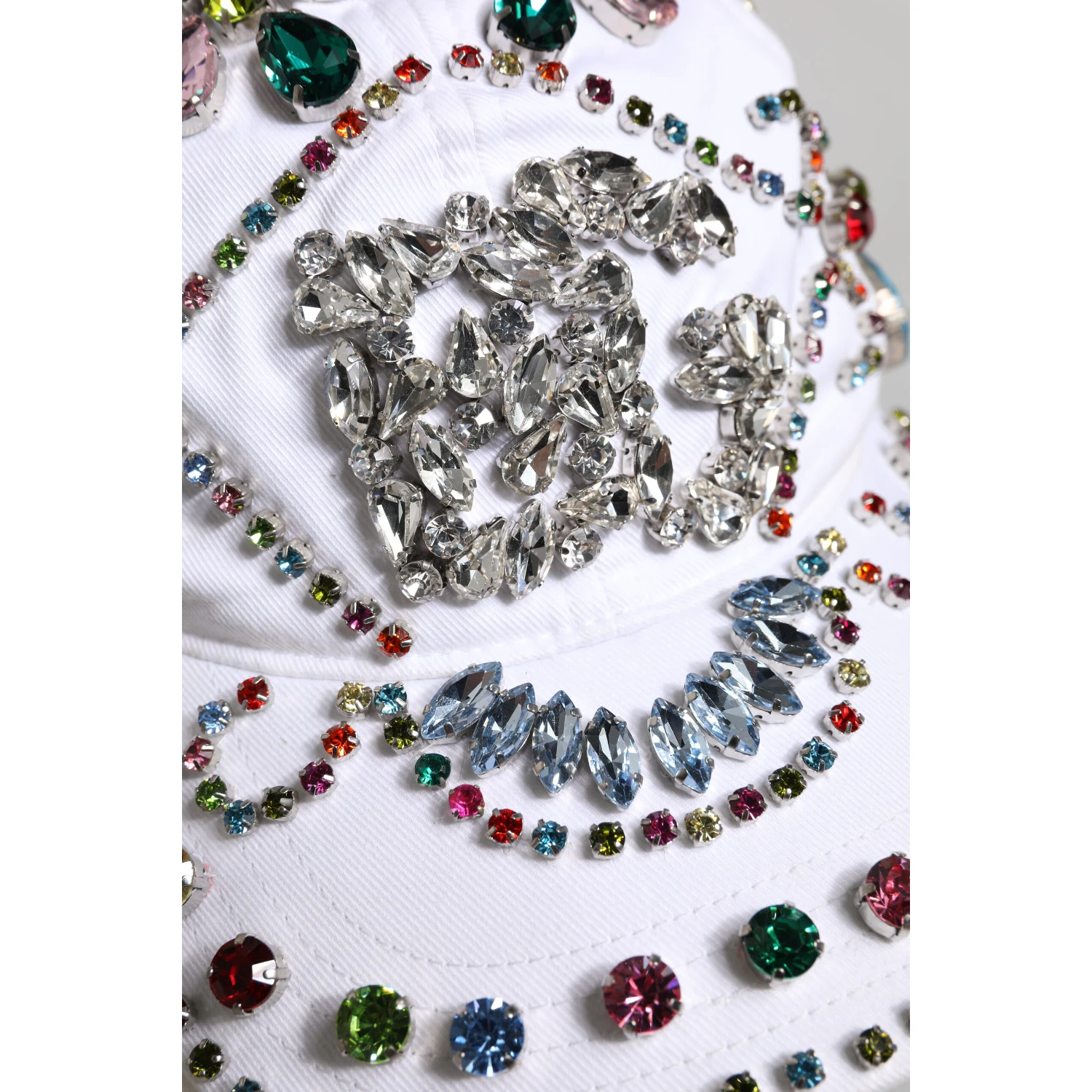 White Multicolor Crystal Embellish Baseball Cap