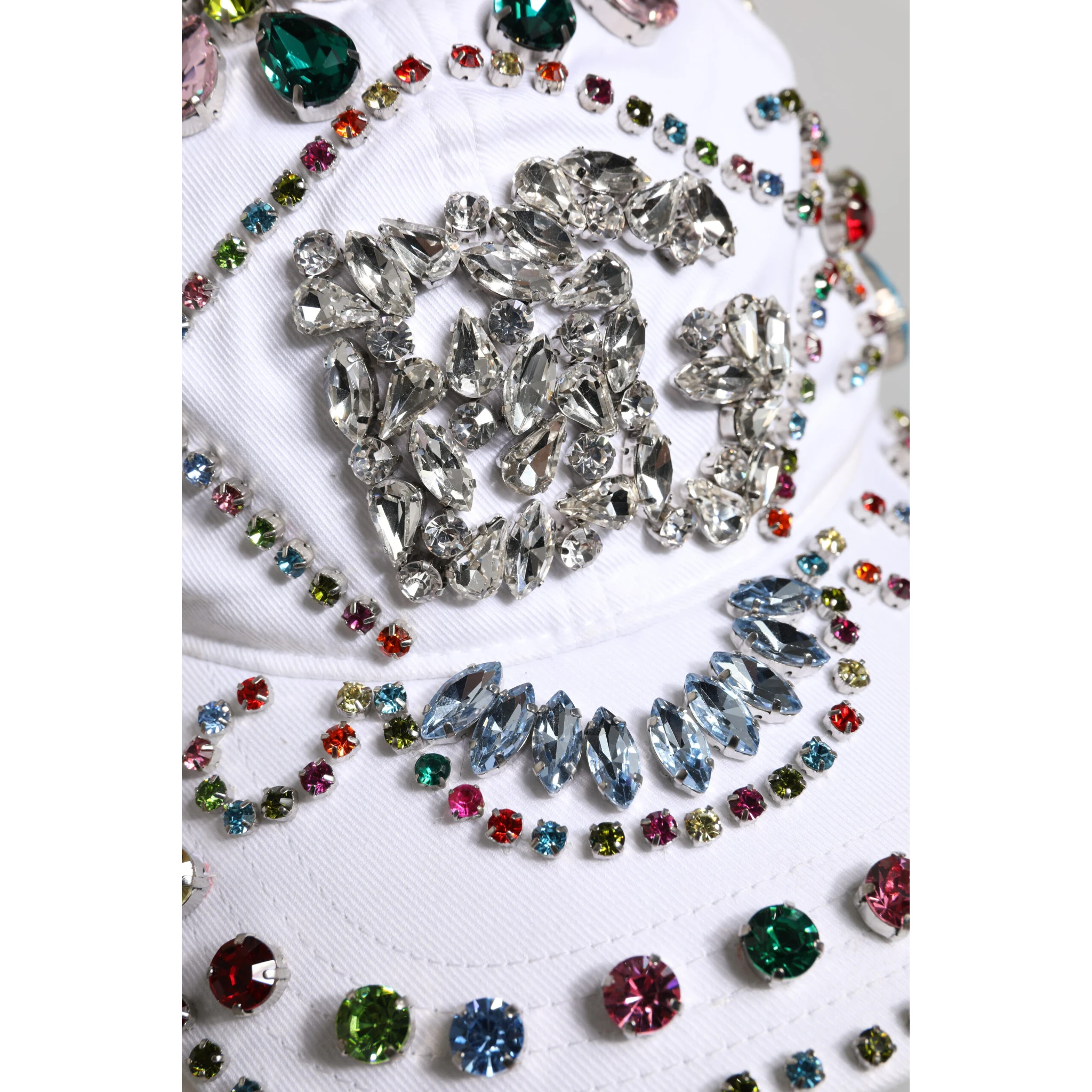 White Multicolor Crystal Embellish Baseball Cap