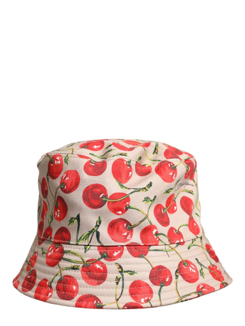 Beige Cotton Printed Wide Brim Bucket Hat