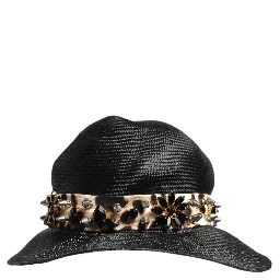 Black Straw Crystal Embellished Wide Brim Hat
